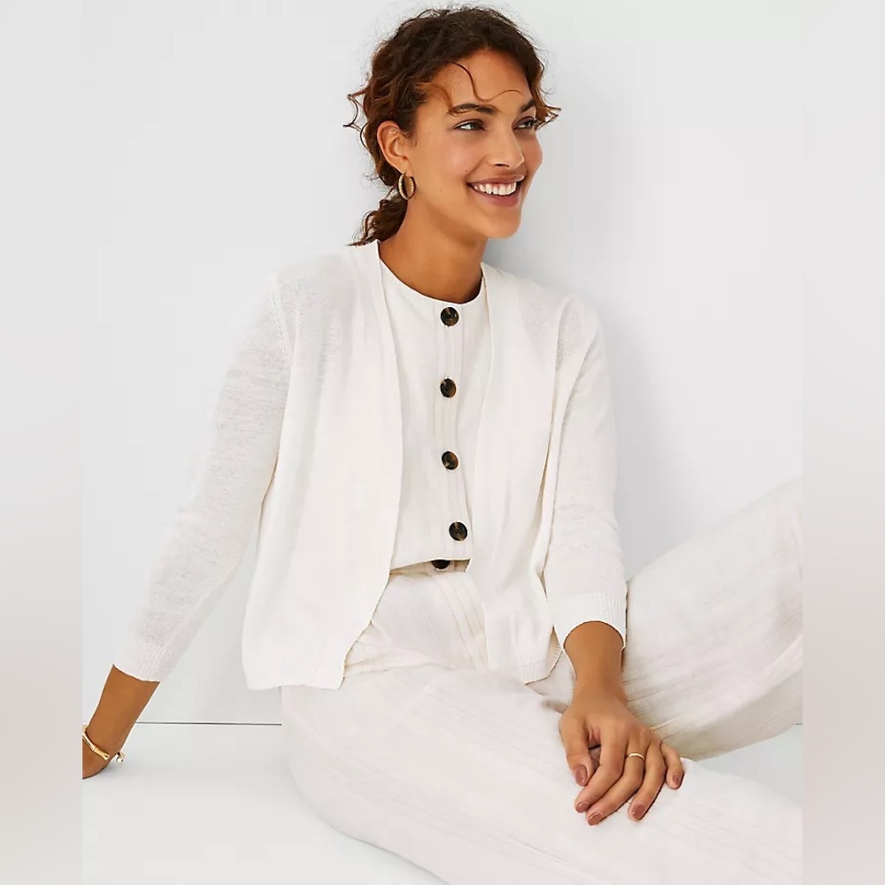 Ann Taylor White/Cream Linen Blend Dress Cardigan - XS